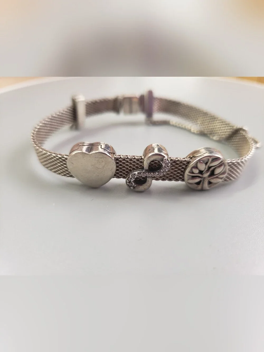 Authentic Pandora 925 Sterling Silver Reflections Mesh Band Bracelet with Charms